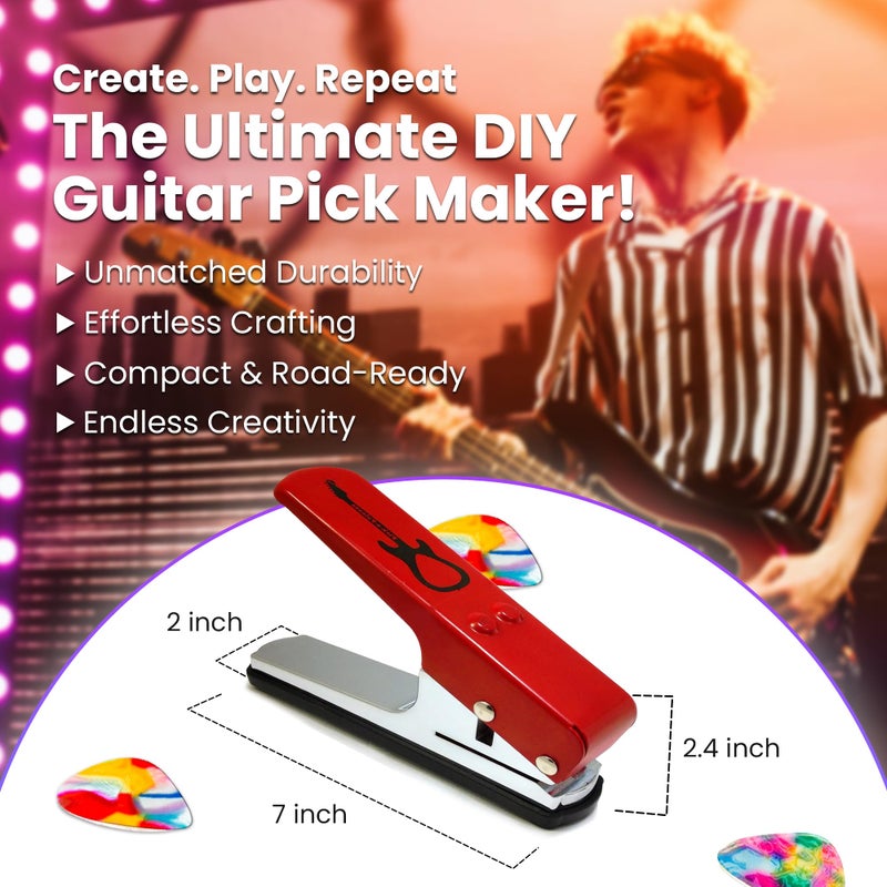 Pick-a-Palooza DIY Guitar Picks Punch Mega Pack - Custom Pick Maker for Musicians - Features Leather Key Chain Holder, Pick Strips with Artwork & File - Unique Gifts for Men & Women - Red Punch - Image 3